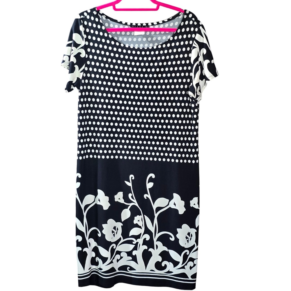 Tiana B. Women's Size L Black White Polka Dot Floral Knee Length Dress